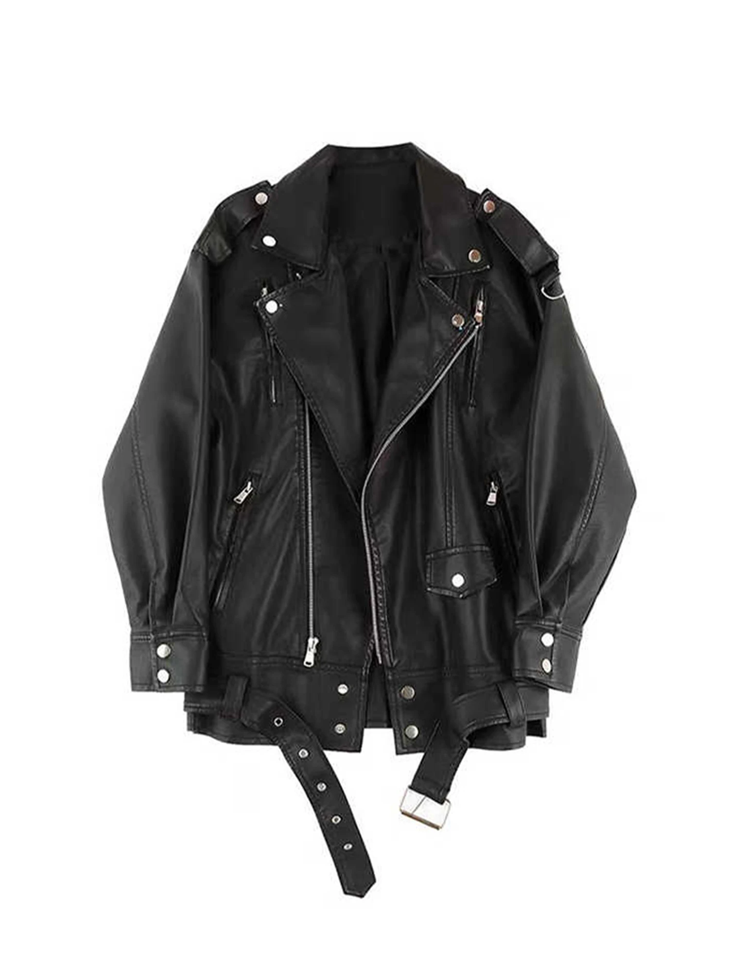 

Women's Black Gothic PU Leather Jacket Coat Vintage Streetwear Motorcycle Jacket Vintage Oversize Outerwear 2000s Clothes Autumn