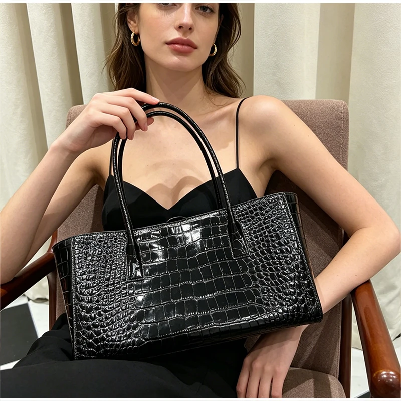 Handtasche mit Krokodilleder-Prägung und Obergriff, Luxuriöse Grüne Tragetasche, Vielseitige Schicke Alltags-Schultertasche für Frauen – Detail 33