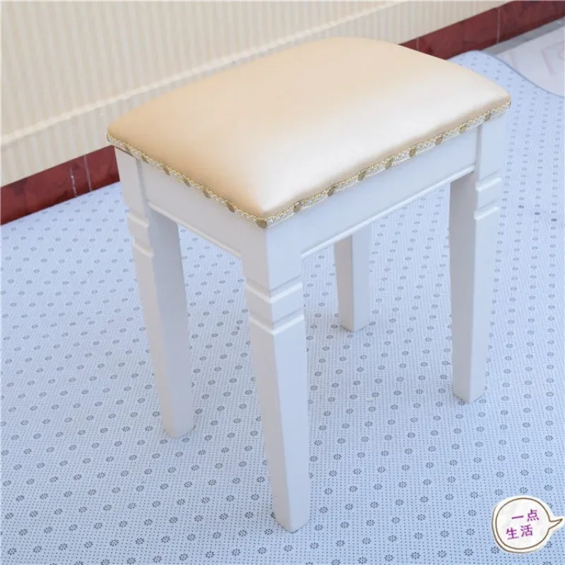 Solid wood square stool dining table  soft bag stool ivory white wooden  Mediterranean stool dressing sto