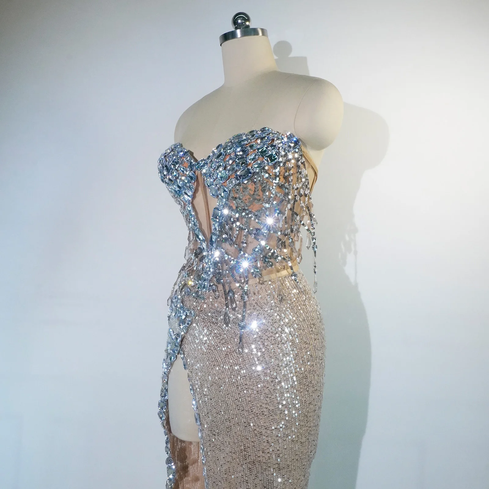 Sparkling Rhinestone Evening Dress Women Sexy Beaded Sequins Formal Party Gown Stage Performance Outfit Singer Dancer Costume