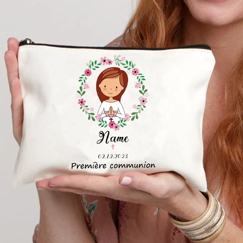 First Holy Communion print Supplies Storage Bags Travel Makeup Bag Gift for Girls Pencil bag Personalized Custom Name Stationery