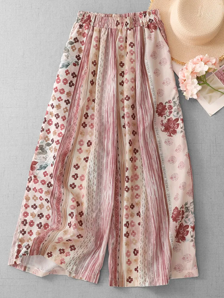 

Printed Wide Leg Pants Women's Summer Outdoor Hanging Sense Nine Points Home Walking Pants Casual Long Pants