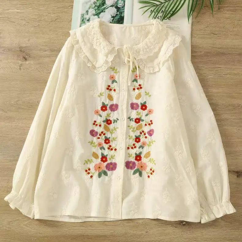 2026 Mori kei clothing Japanese style lace peter pan collar flower embroidered white beige shirts blouses lolita princess tops