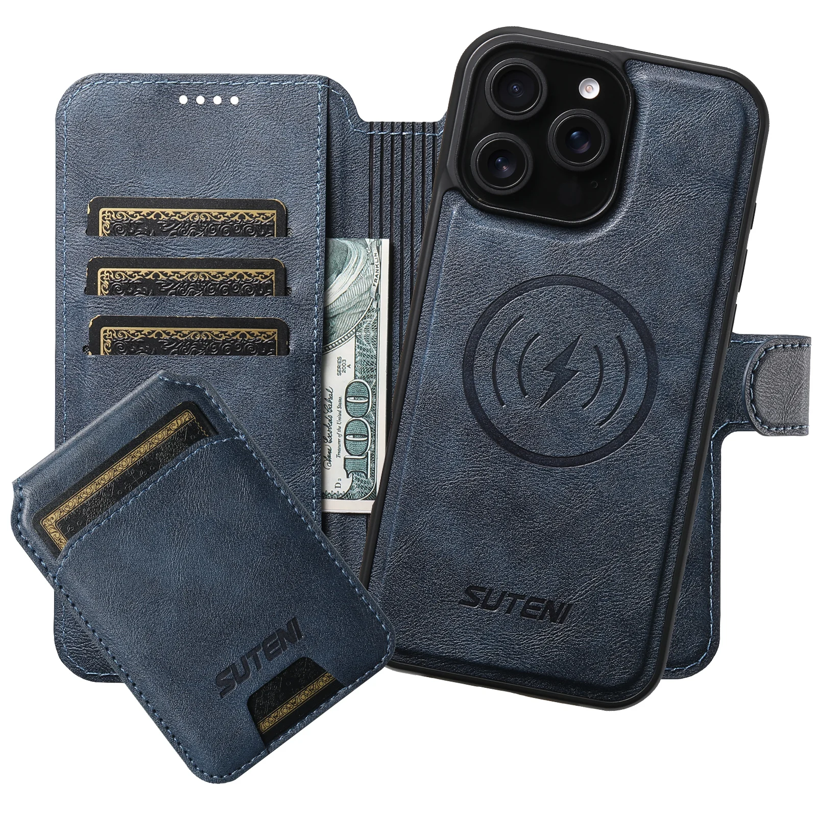 3 in 1 Detachable Wireless Charging Magnetic Leather Wallet Phone Cover For iPhone 17 16 15 14 13 12 Pro Max Magsafe Flip Case