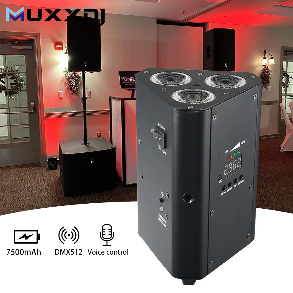 

MUXXDJ Wireless 3X18W RGBWA+UV 6in1 LED Battery Uplight Battery Operated Led Par Lights For Wedding Party DJ Lighting