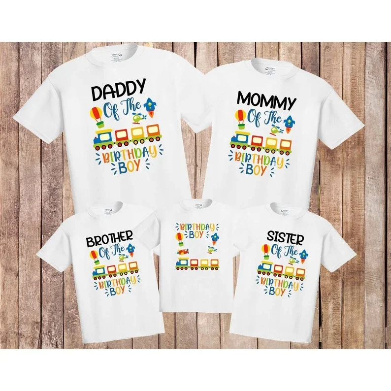 Family Matching Outfits Dad Mom Bro Sis Birthday Clothes Choo Choo Train Cartoon Print  Cute Adult Kids Party T-shirts Gift