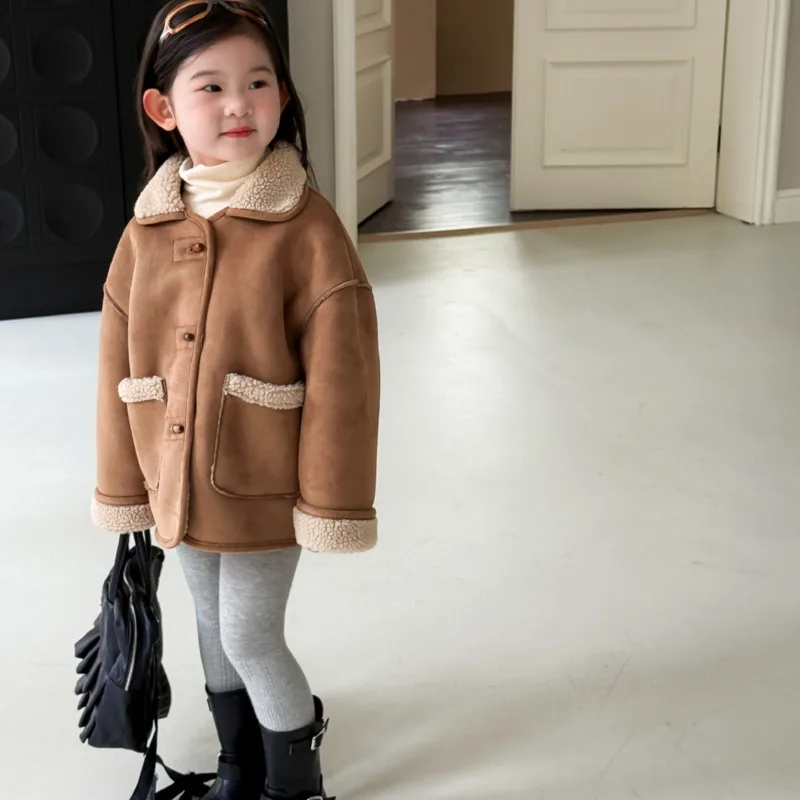 

2025 Autumn Winter Woolen Thick Children Kid Clothes Baby Girl Boy Turn-Down Collar Fur Coat Lamb Wool Jacket 3-10 Years Outfit