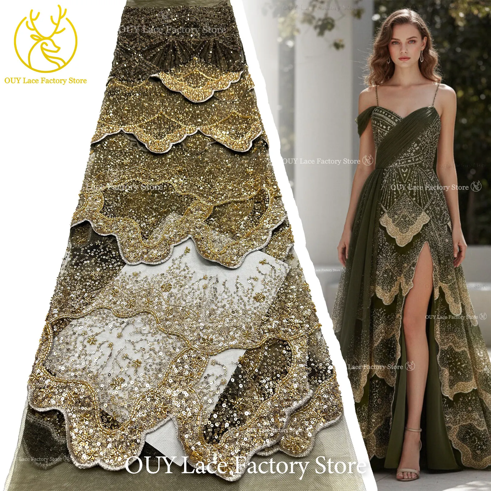Goldene luxuriöse nigerianische 3D handgefertigte DIY-Stickerei-Spitze, afrikanische Perlen-Pailletten-Spitze für Damen, Hochzeitskleid, Partykleid, zum Nähen – Detail 7
