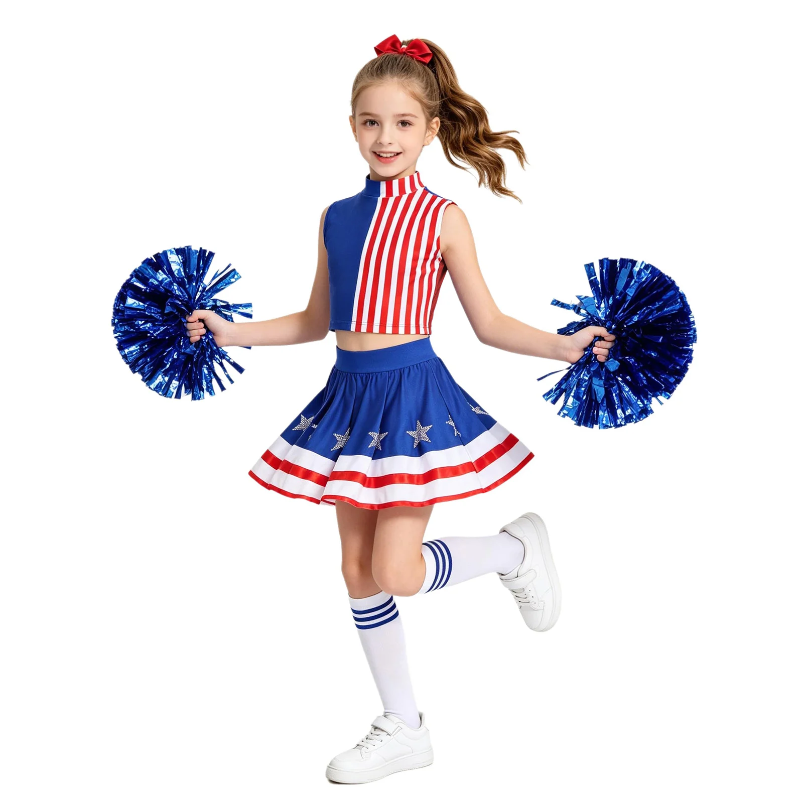 Kids Girls Cheerleading Outfit Independence Day Costume Striped Crop Top with Rhinestone Stars Skirt Pom Poms Socks and Headwear