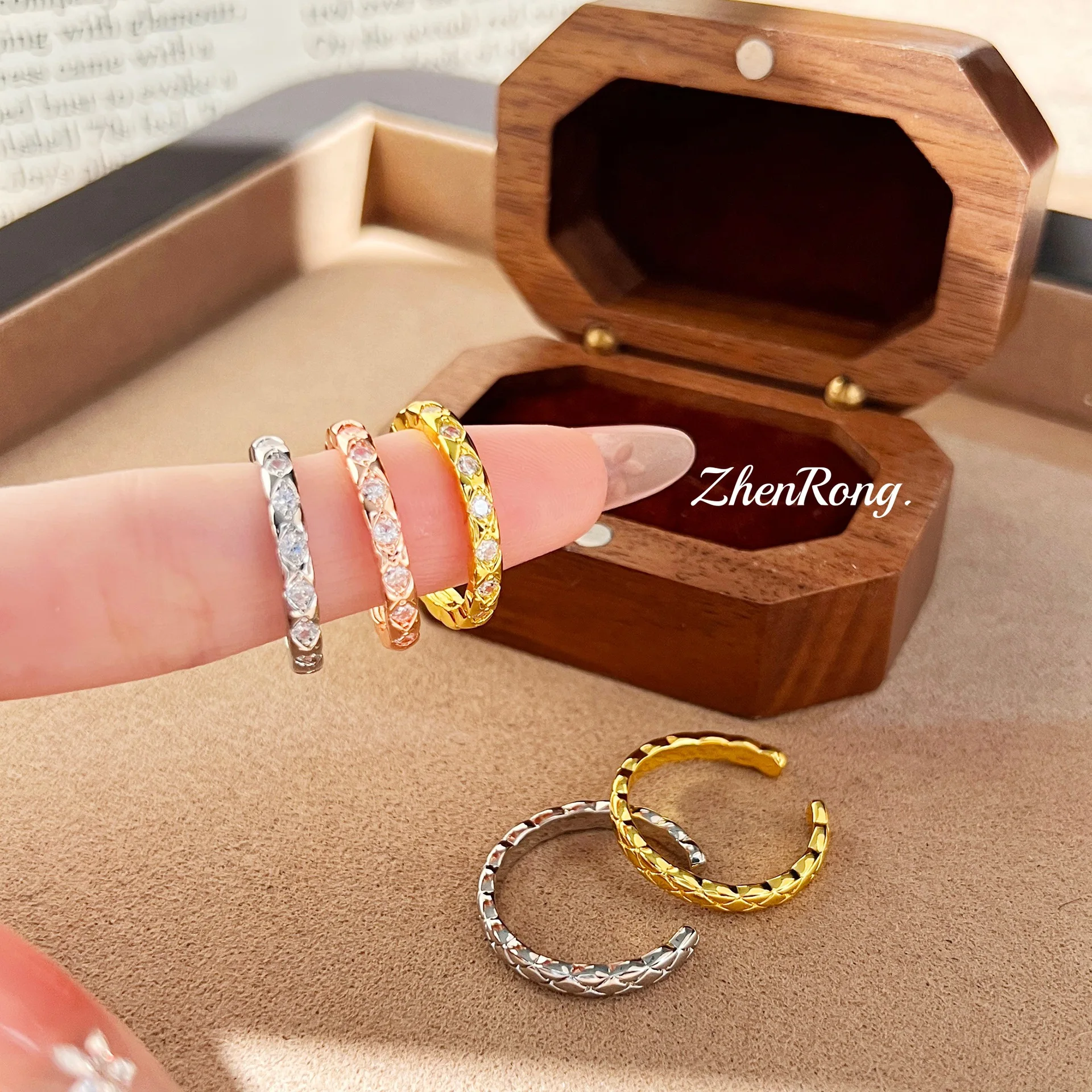 S925SterlingSilver Ring CNC Seiko Small Fragrant Wind Rhombus Stacking Simple Slightly Inlaid With Diamonds Adjustable Open Ring