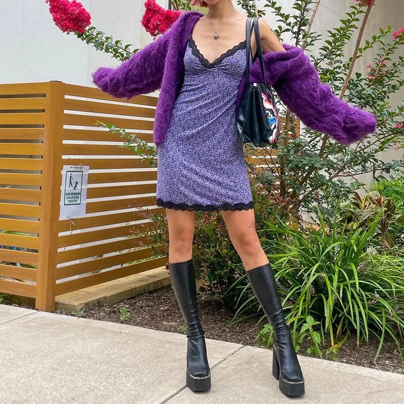 Floral Dress Female 2024 New Female Skirt Style Lace Stitching V-neck Open Back Suspender Skirt Female Waist Dresses for Women