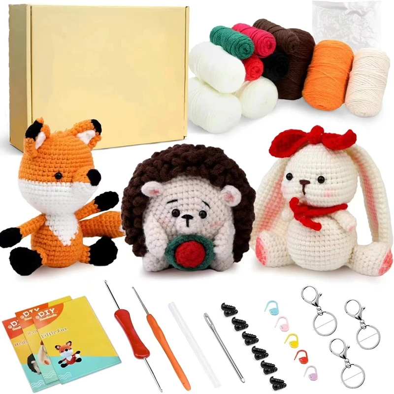 Animals Crochet Doll Kits Beginner DIY Knitting Fox Hedgehogs and Rabbit Plush Doll Includes Weaving Yarns Hook Accessories Sets