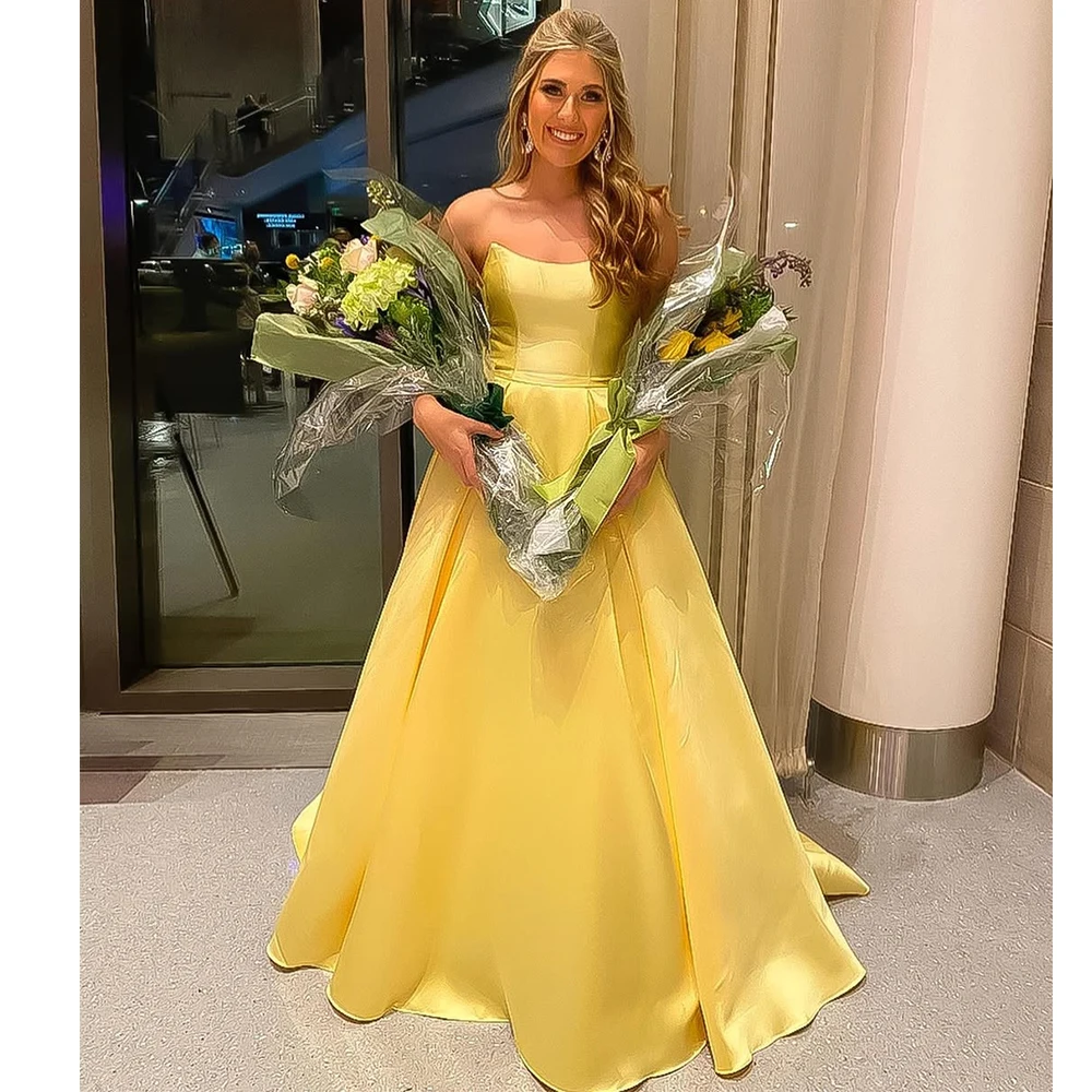 

Bowith Yellow Satin Evening Gown Women Elegant Simple Prom Dresses Customized Strapless Party Dresses vestidos de fiesta