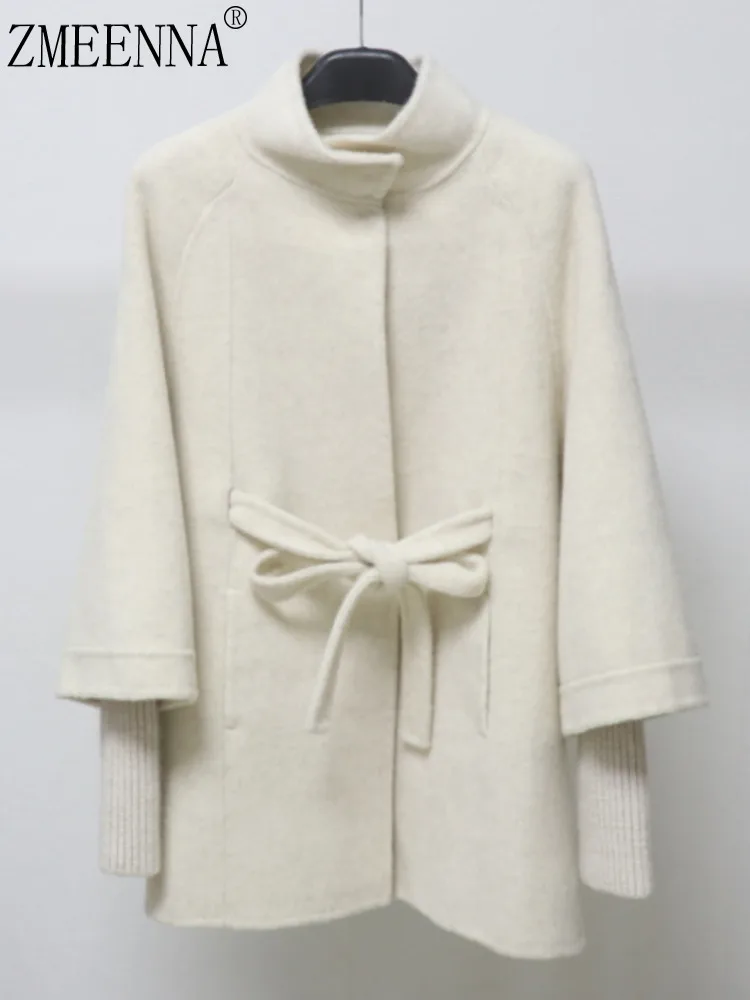 ZMEENNA إمرأة مزيج الصوف الأبيض معطف الرأس أنيقة عالية الرقبة المعطف مع التعادل حزام خصر الخريف الشتاء سترة دافئة ZM4309