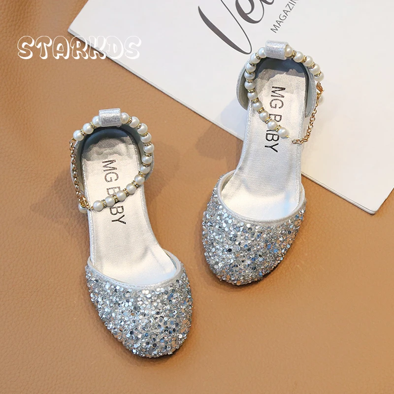 Bling Stage Dance Shoes For Girls Luxury Low Heel Glitter Sandals Kids Gold Silver Wedding Party Pumps with Ankle Pearl Chains