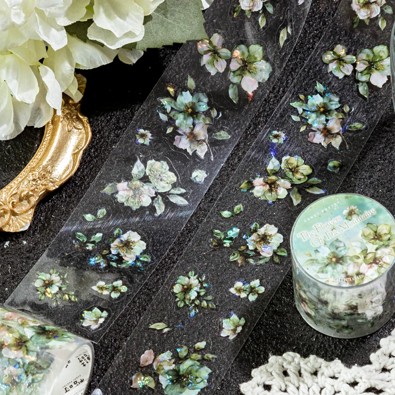 Mr Paper 3rolls Flower Series Ice Crystal PET White Ink Tape Handbook DIY Collage Photo Frame Journal Notebook Phone Case Card