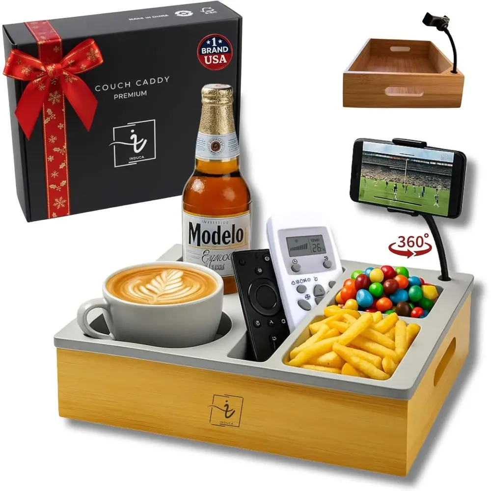 

Bamboo Couch Organizer: Drink & Snack Tray with Cup Holder for Living Room, Car, and Beach (Grey)