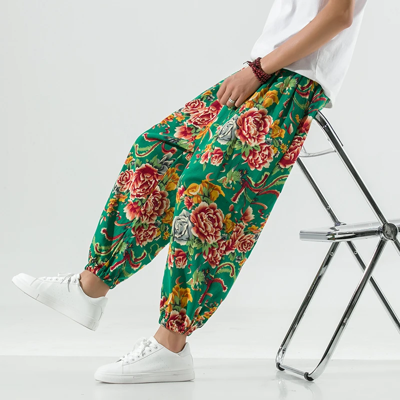 2024 Spring/Summer Cotton Linen Pants for Men Flower Print Casual Pants Chinese Style Loose Elastic Waist Cropped Harem Pants