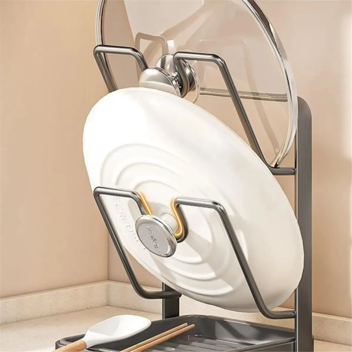 

2026 Новая полка для хранения крышки кухонной кастрюли, держатель крышки кастрюли во время приготовления пищи, органайзер для крышки кастрюли, подставка для крышки и ложки, для плиты