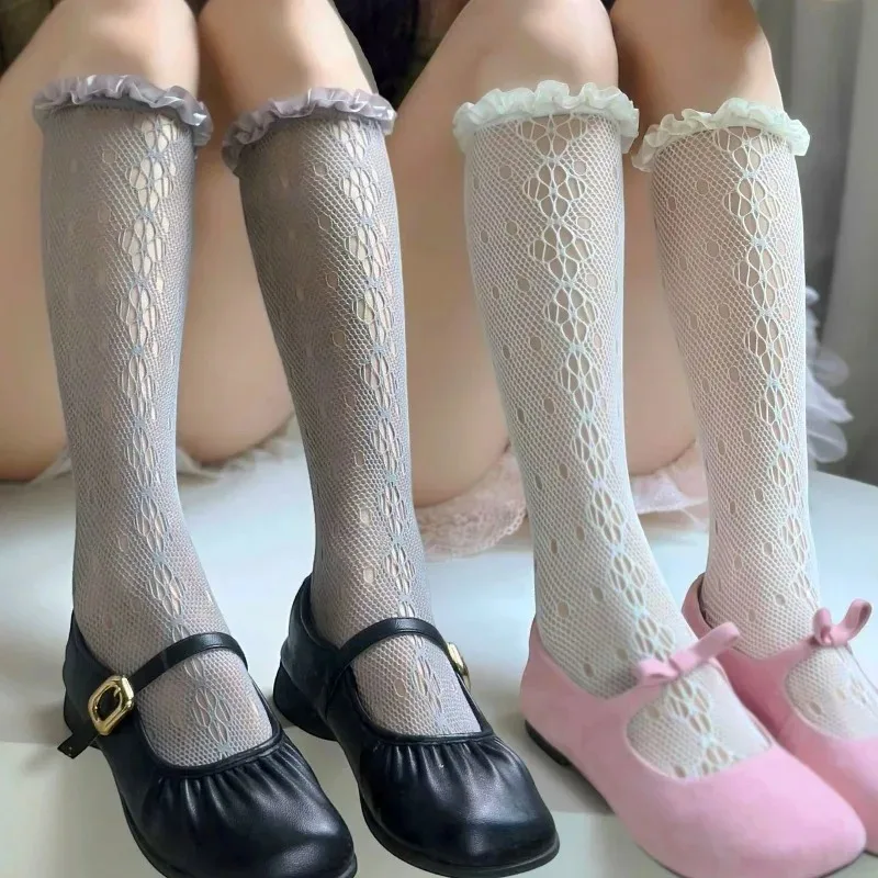 Lace Mesh Calf Socks Women Floral Hollow Stockings Ribbon Trim Sheer Breathable Nylon Mid Calf Socks Vintage Sweet Summer Socks view 2