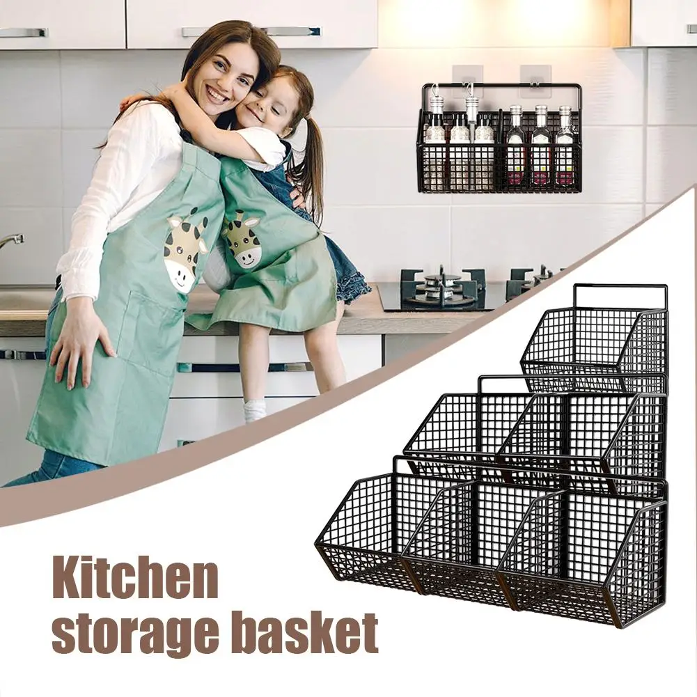 Wall Mounted Kitchen Storage Basket Waterproof Antirust Washable, Process Spray Design Painting Hollow Wire With Iron T7H4