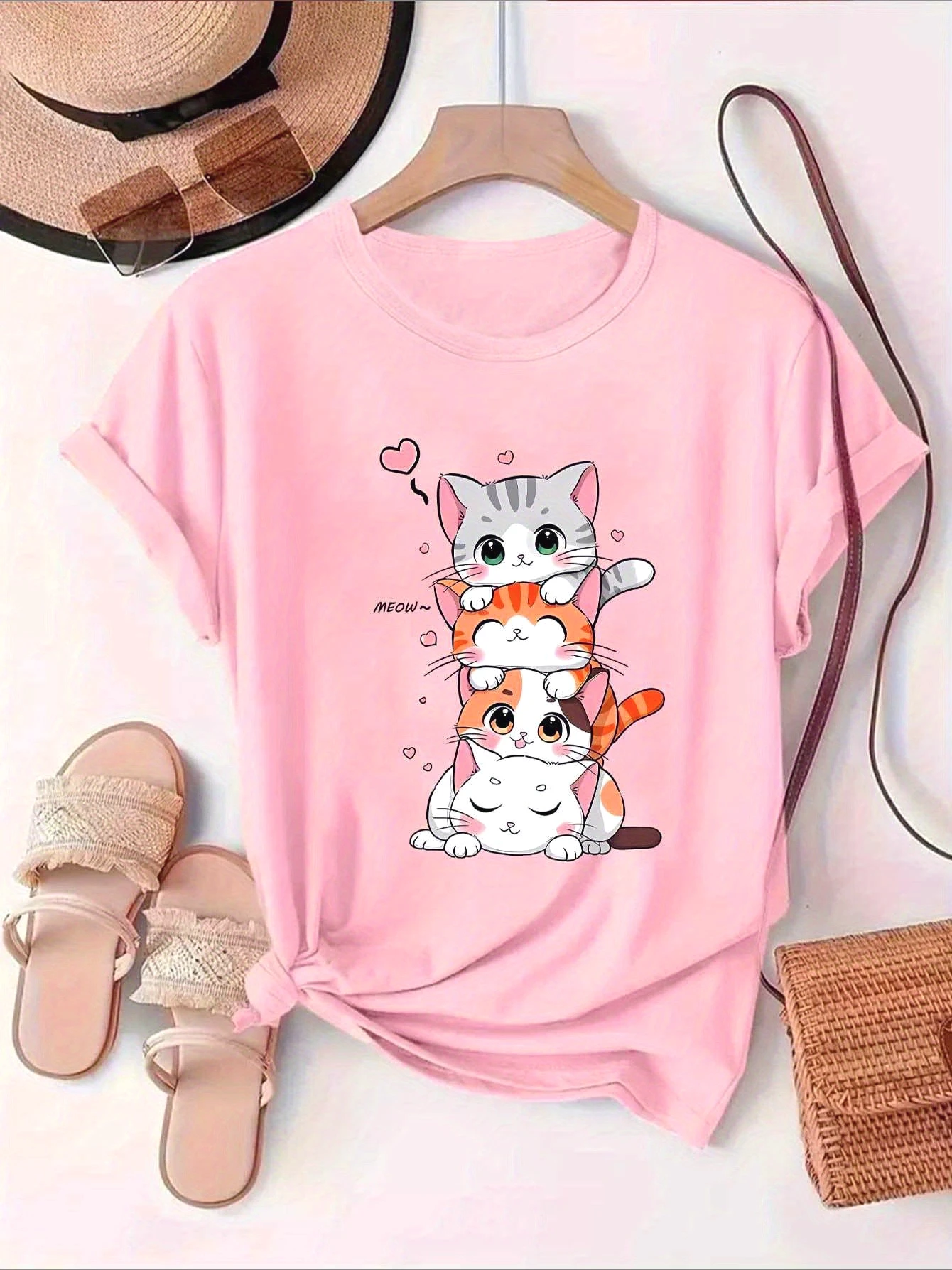 女性の Tシャツ半袖 3 つのかわいい子猫クリエイティブプリント夏ラウンドネック Tシャツ女性のカジュアル服
