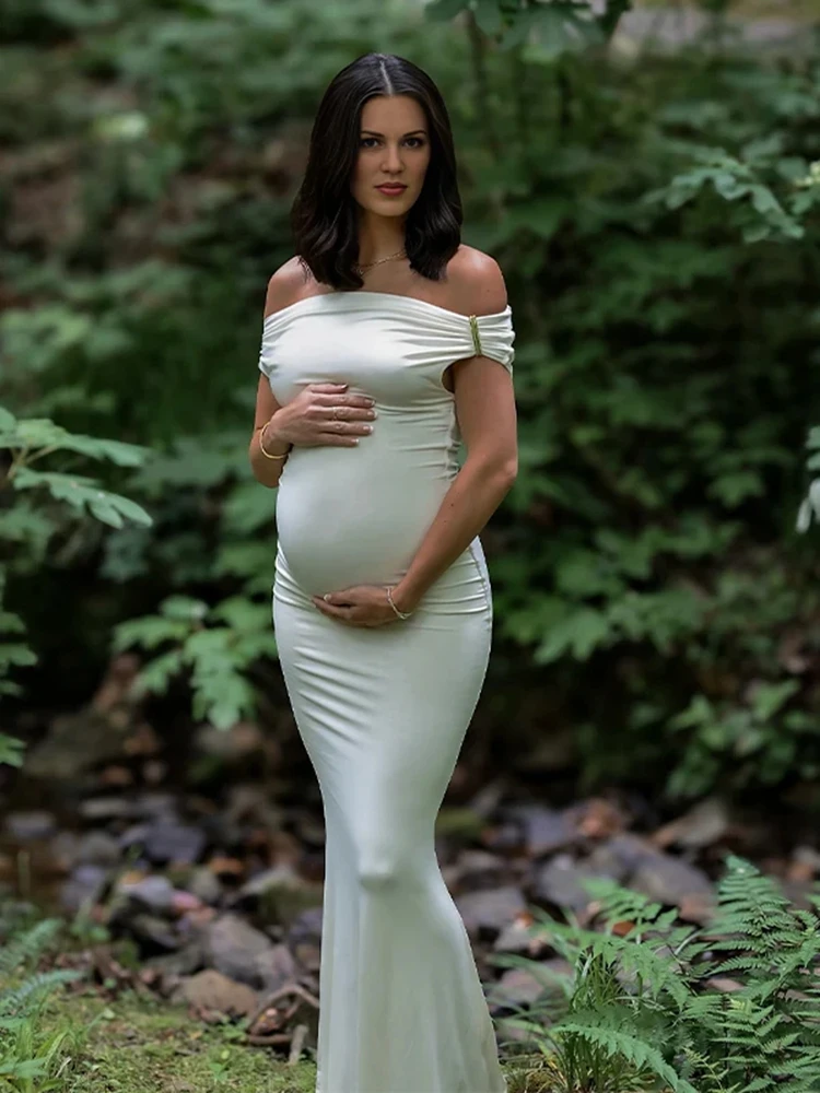 Maternity Dresses Photoshoot White Off Shoulder Slim Fit Pregnancy Maxi Gown Elegant Long Dress for Baby Shower Photography
