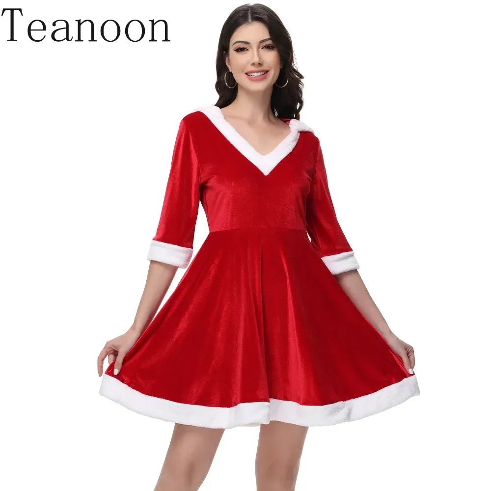 

New Christmas Costume Adult Female Santa Claus Red Hooded Dress Xmas Costume Cosplay Outfit Family Carnival Party Fancy Dress