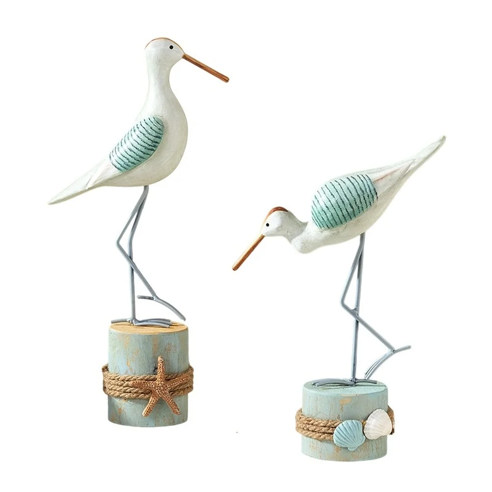 2Pcs Wooden Seagull Statue Hand Drawn Green Bird Figurine For Mediterranean Vintage Home Decor Living Room Ornament