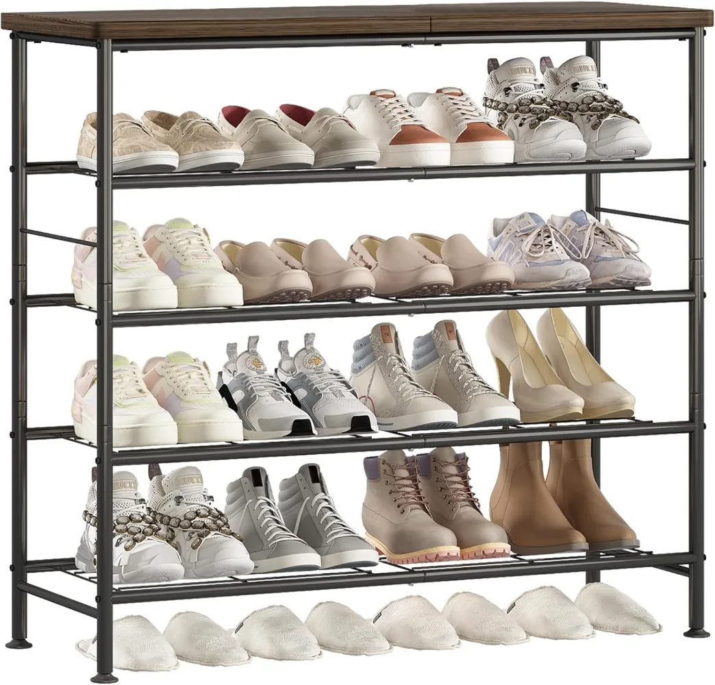 

Shoe Rack Organizer 5 Tier for Closet Entryway Free Standing Metal Storage Shoe Shelf with MDF Top Board，Black+Rustic Brown