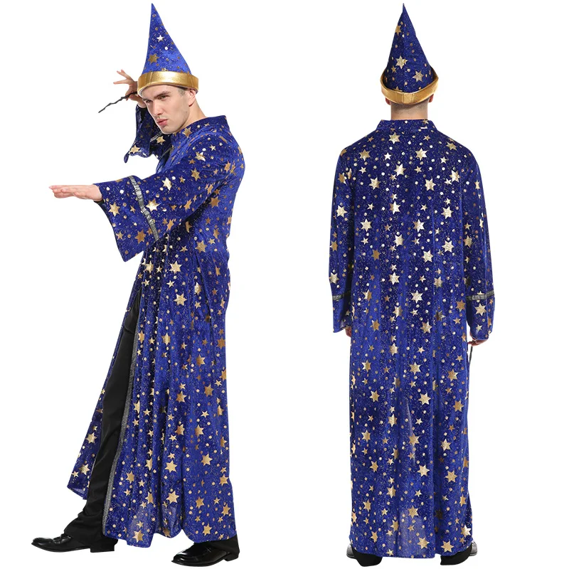 Halloween-Kostüme für Erwachsene, Zauberer-Robe mit glitzernden Sternen, spitzer Hut, Party-Cosplay-Anzug, ausgefallene Kleidung