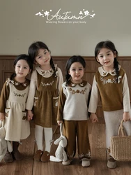 Girls' Autumn Set lapel Sweater Cardigan coat Embroidery Dress vest pants sets Fashion