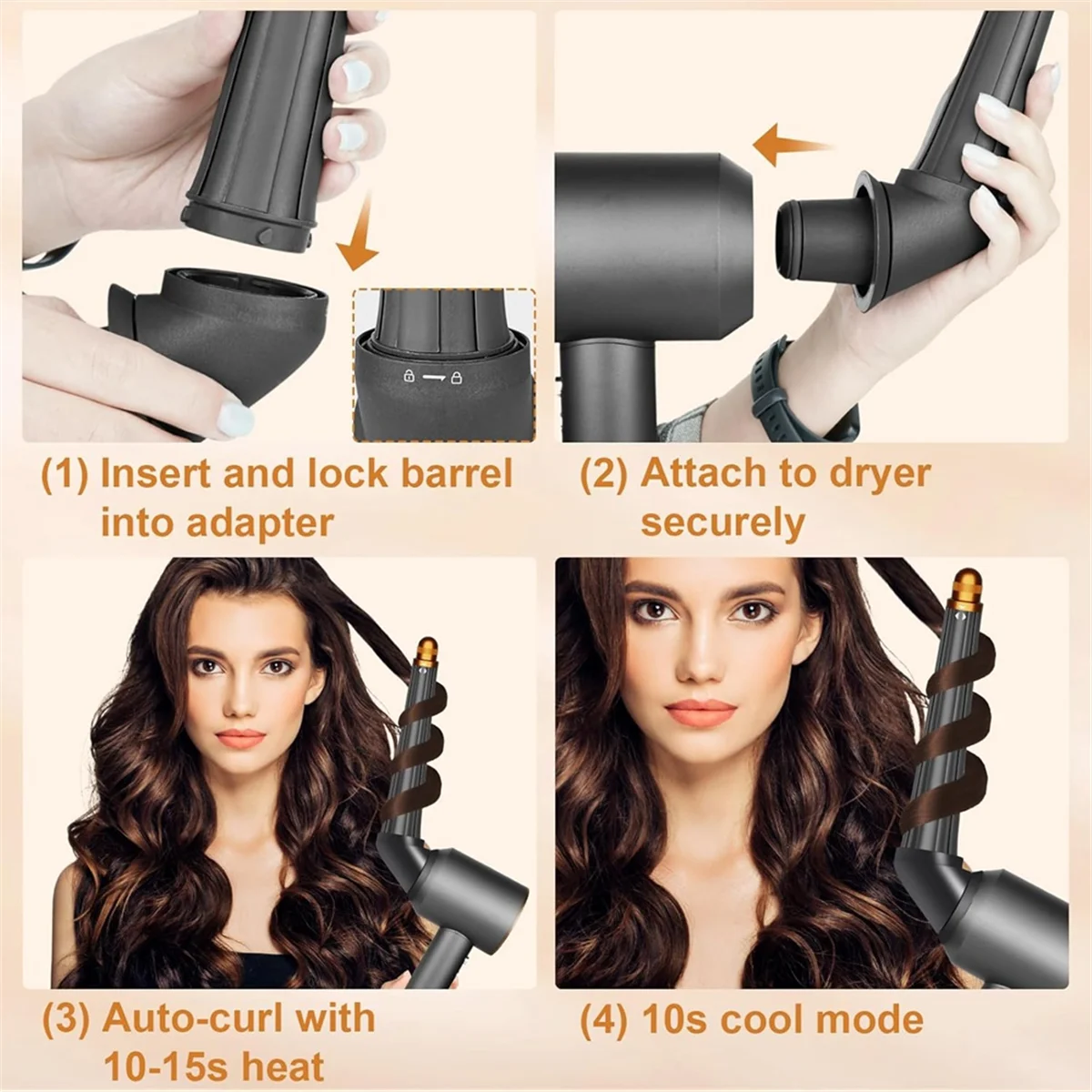 

Длинные бочки и адаптер для фена Dyson золотого цвета