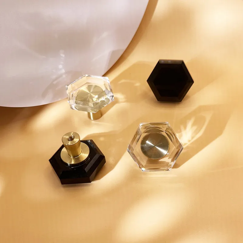 Brass Crystal Glass Drawer Knob Creative Light Luxury Single Hole Modern Simple Octagonal Crystal Knob Cabinet Wardrobe Handle