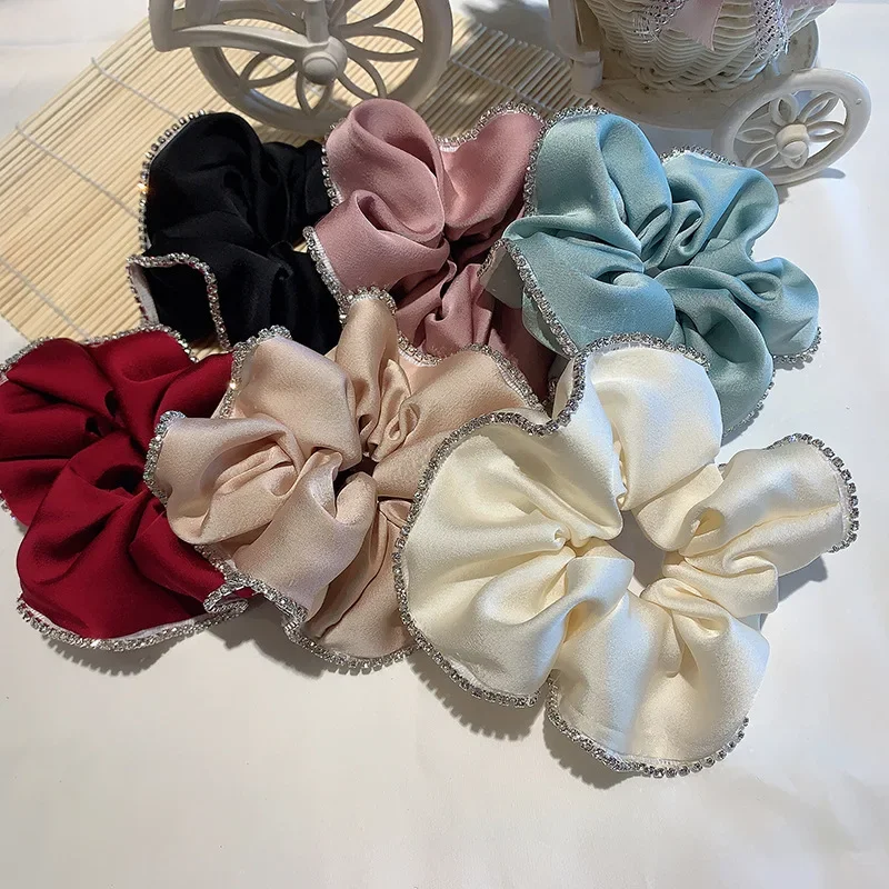 Elegant Solid Satin Scrunchies Elastic Hair Bands for Women Rhinestone Crystal Hairbands Korean Girls Head Tie Hair Accessories