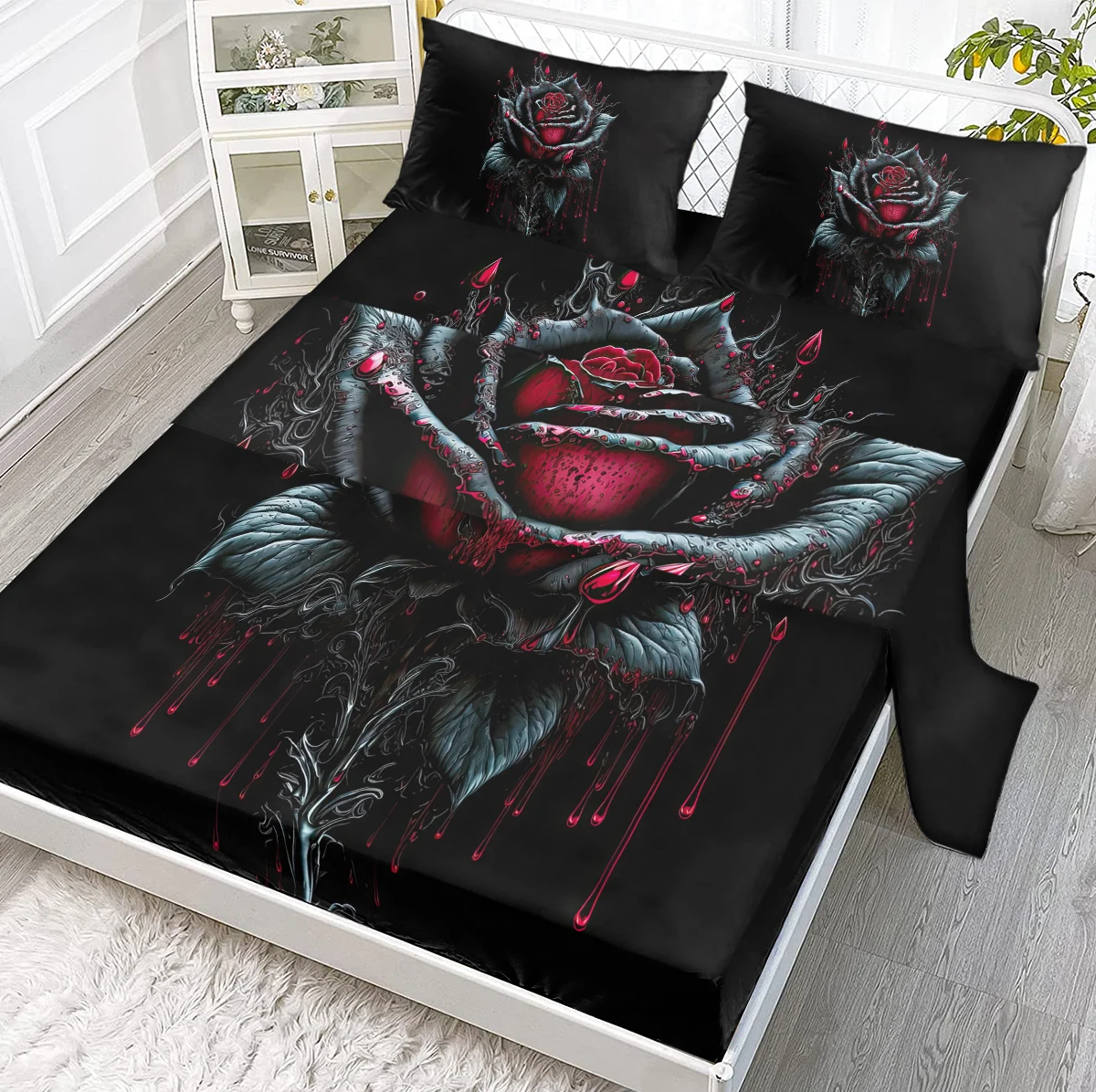 

3D Black Red Rose Romantic Flowers Sheet Set Blood Ink Pattern 4pcs with Includes 1 Flat Sheet,1 Fitted Sheet,2 Shams