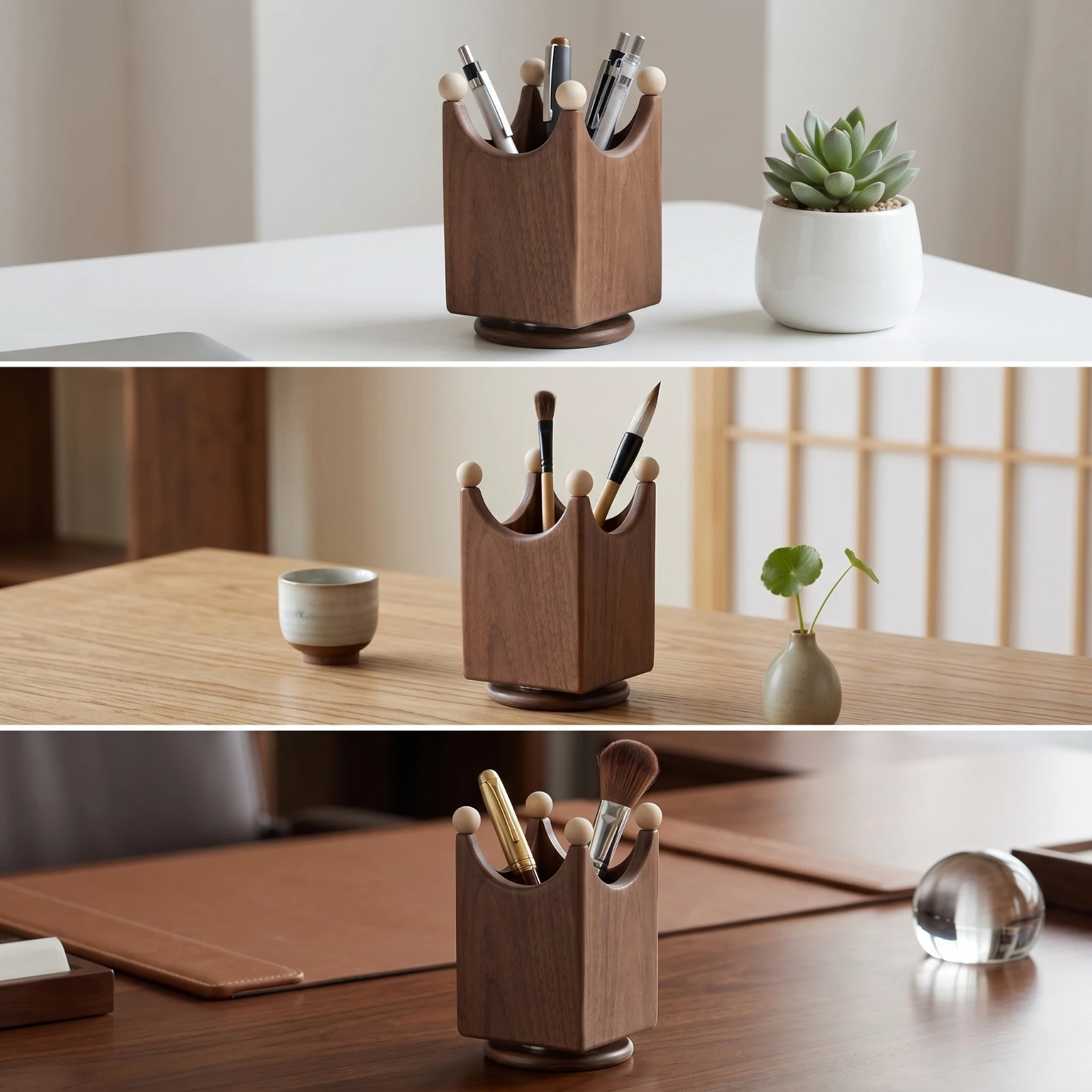 Revolving Pen Holder Compact Rotating Desk Organizer Wooden Pen Cup Spinning Long-Lasting for Students, Study, Office