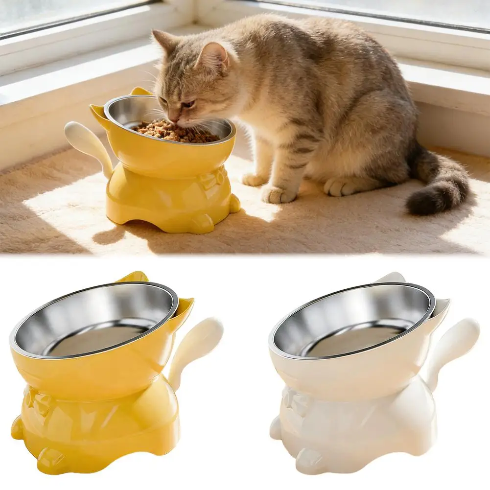 1 pièce Gamelle surélevée pour chat en acier inoxydable, inclinée pour nourriture et eau, avec support à oreilles mignonnes, conception de protection du cou pour chats