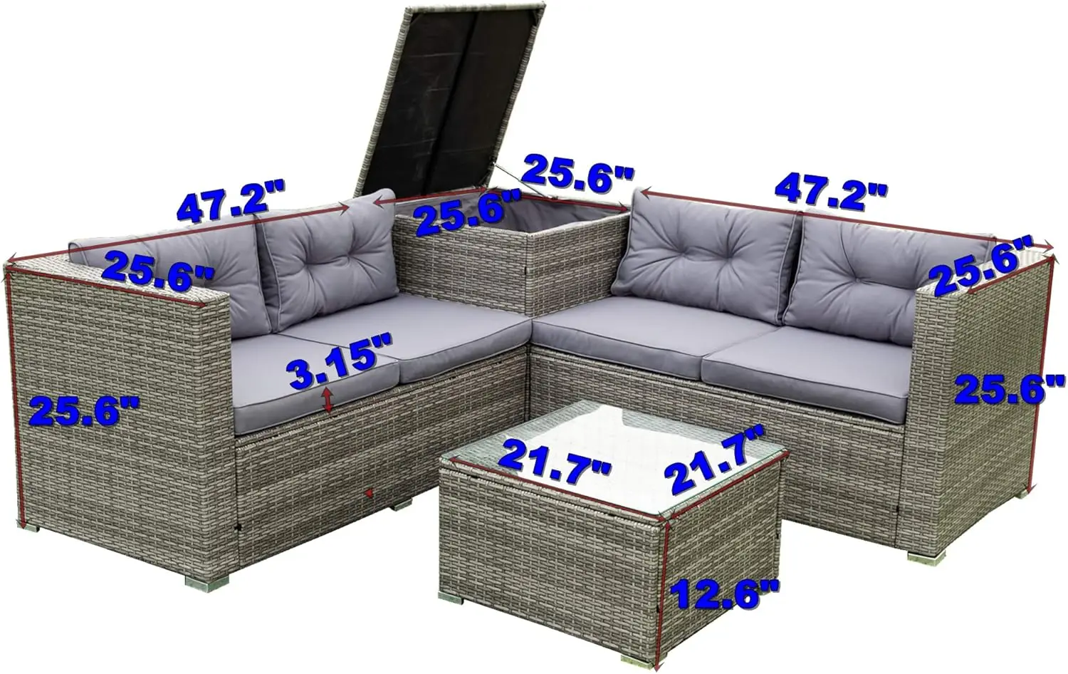 4 Pieces Patio Conversation, Outside Rattan Small Sectional Couch,  Furniture Set Wicker Sofa with Storage Box