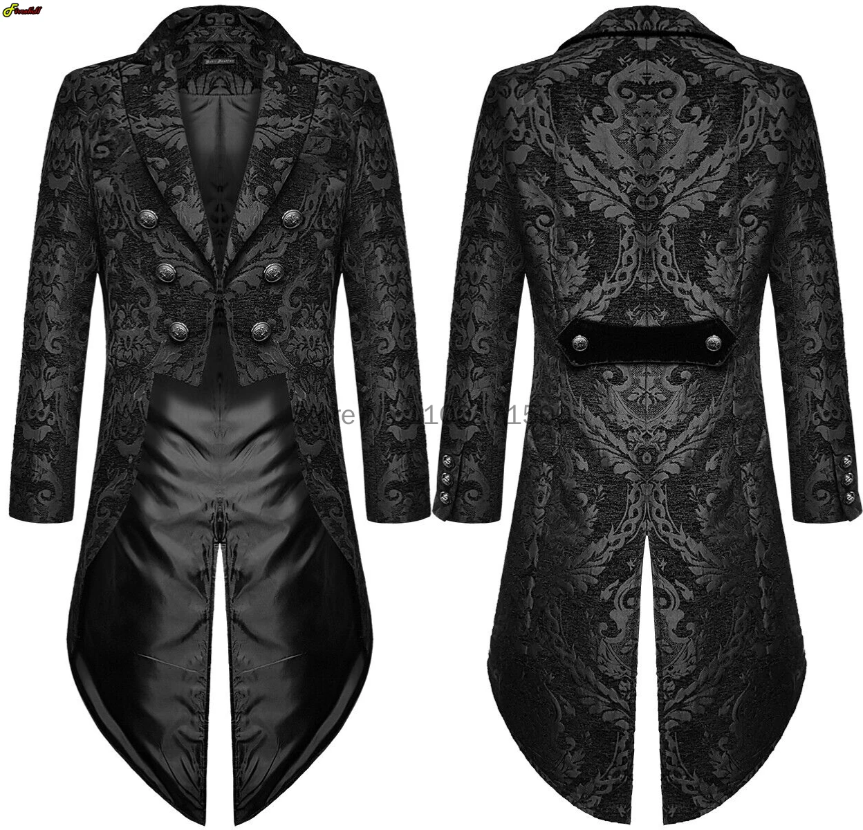 Adult Men Medieval Cosplay Black Jackets Devil Fashion Gothic Steampunk Tailcoat Costume Black Brocade Damask Wedding Halloween