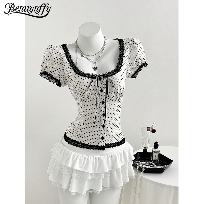 

Benuynffy Polka Dot Contrast Lace Puff Sleeve Top Blouse Women Summer Sexy Sweet Tie Front Slim Fit Button Up Shirts 2026 New