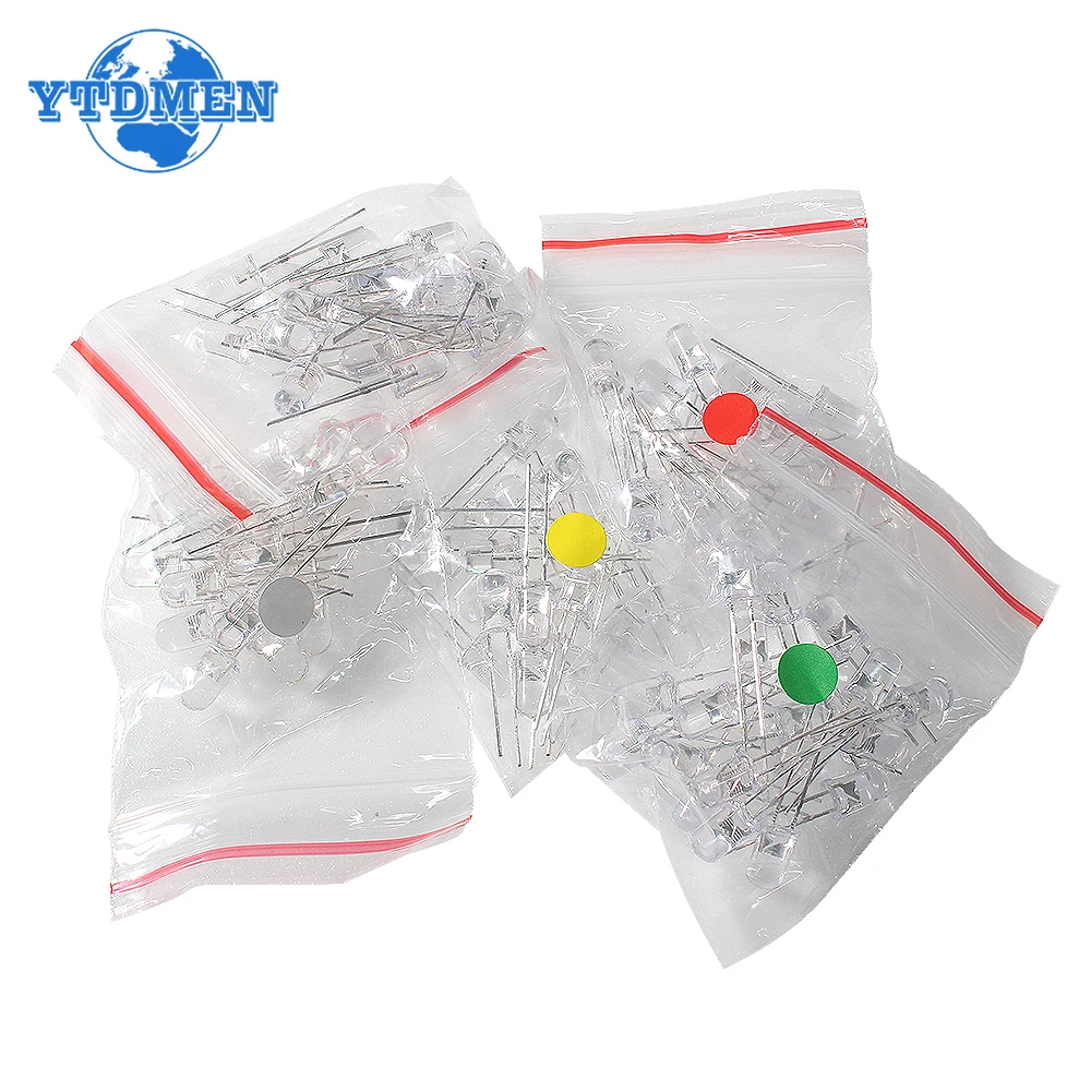 50/100 stks 5mm LED Ultra Heldere Transparant Wit Groen Rood Blauw Geel Oranje Lichtgevende Diode Ronde LED Assortiment Kit