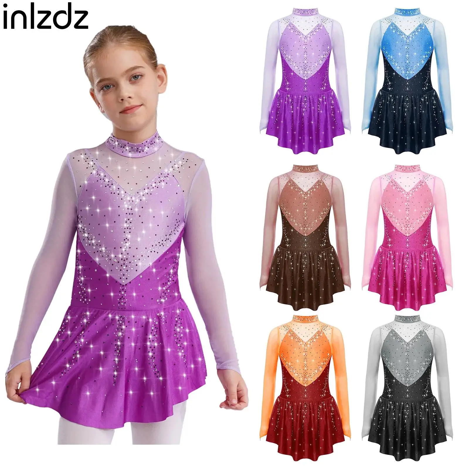 

Children Girls Figure Skating Lyrical Modern Dance Dress Fashion Long Sleeve Rhinestones Mesh Dress Ballet Gymnastics Leotards