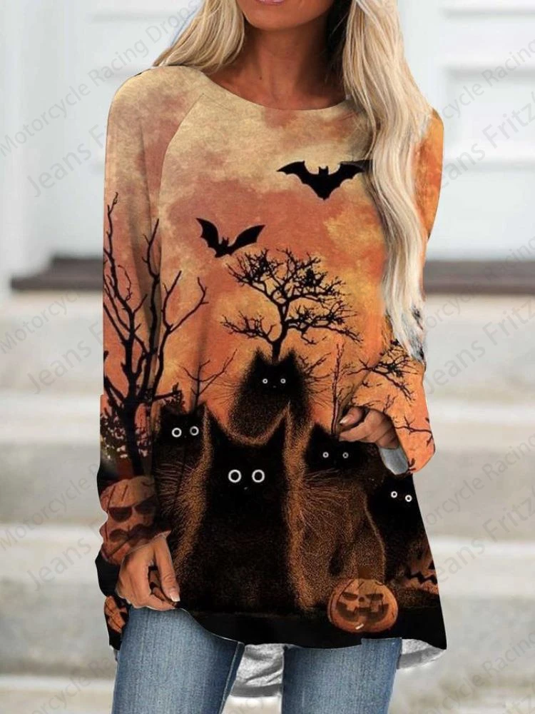 Halloween Cat 3d Print Long Sleeve T-shirt Women Fashion Crewneck Long Tunic Tops Women Fall Ghost Clothing Femme Tops Y2k Style