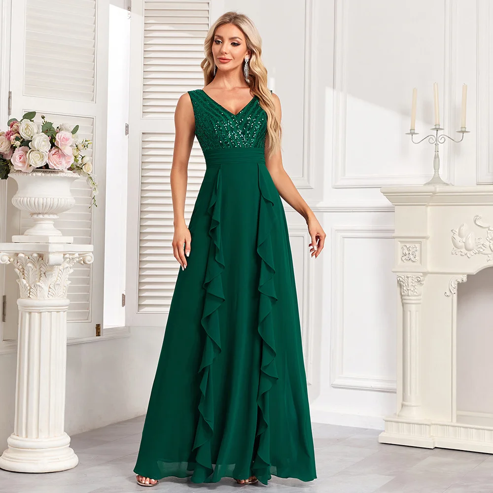 Graceful 2024 Long Green A Line Evening Dress Shiny Sequined Chiffon Floor Length Women Formal Gowns Dropshipping