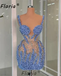 Vestido Gala Luxury Beads Cocktail Dresses Blue Crystal Dubai Appliques Party Prom Gown Customized robe pailletée femme soirée