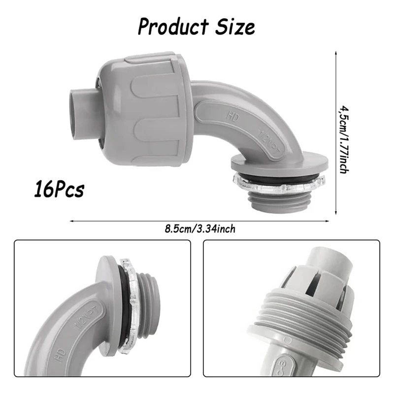 HOT 1/2 Inch Liquid Tight Connector PVC Flexible Electrical Conduit Fittings 90 Degree Conduit Connector Fittings(16 Pieces)