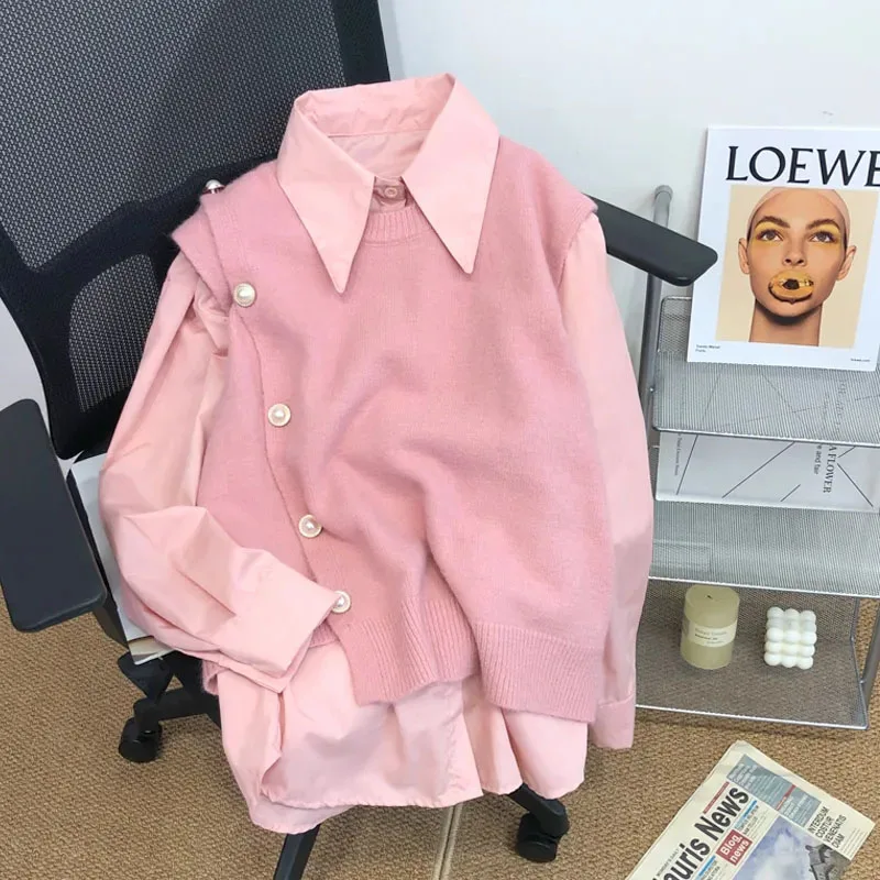2025 frühling Herbst Neue Gestrickte Weste Hemd Zwei-Stück Set Weibliche Abnehmen Pullover Design Gefühl Seite Schnalle Einfarbig frauen 2