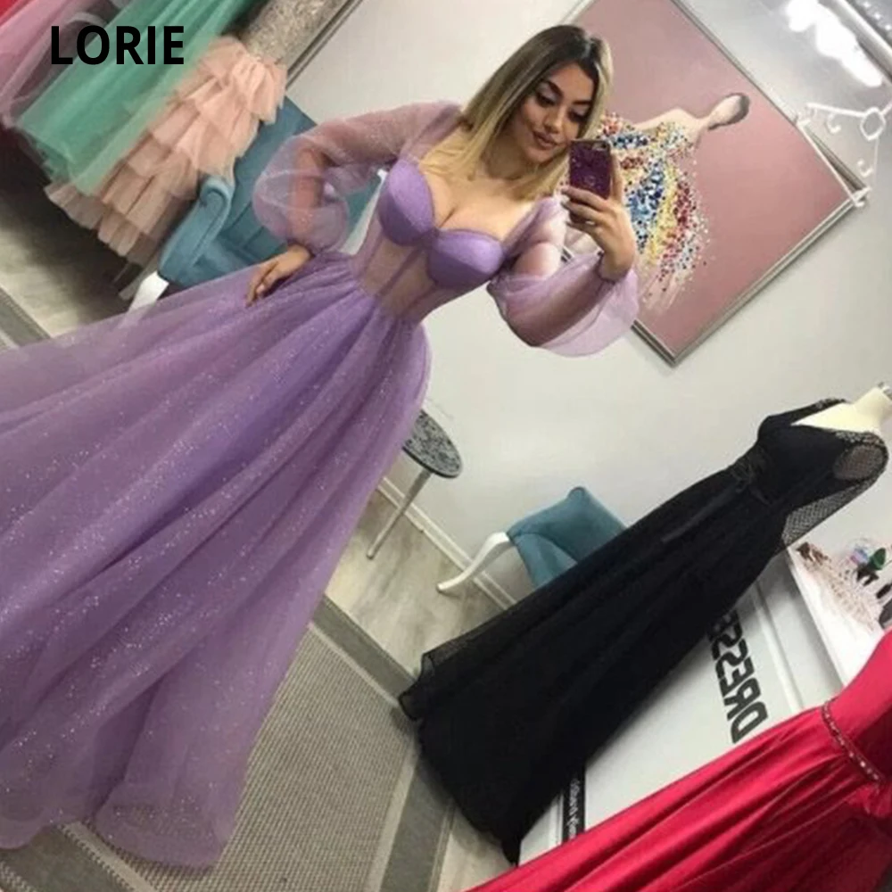 

LORIE Elegant Purple Prom Dresses Glitter Tulle 2022 Long Puff Sleeves Sweetheart Formal Evening Gown Party Dresses For Teens