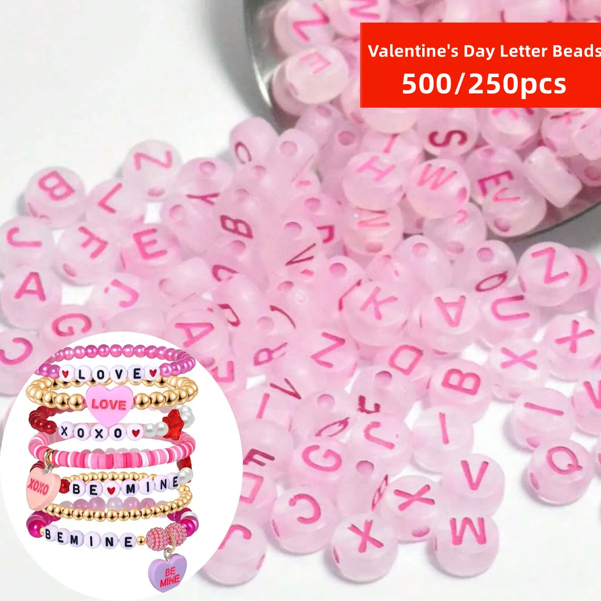 500/250pcs 7mm Pink Letter Beads, Valentine's Day Colors, For Necklace Bracelet Jewelry Production, Beads & Bead Assortments